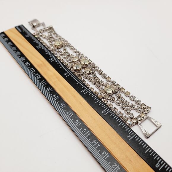 Vintage 1950s Clear Rhinestone Four Row Bracelet - 7 1/4 Inches, Wedding Jewelry - Picture 7 of 11